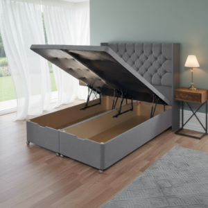 chesterfield wingback ottoman bed | split gas lift | deep storage | linen fabric | paradise sleep