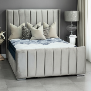 luxury cream velvet panel bed – vertical channel headboard