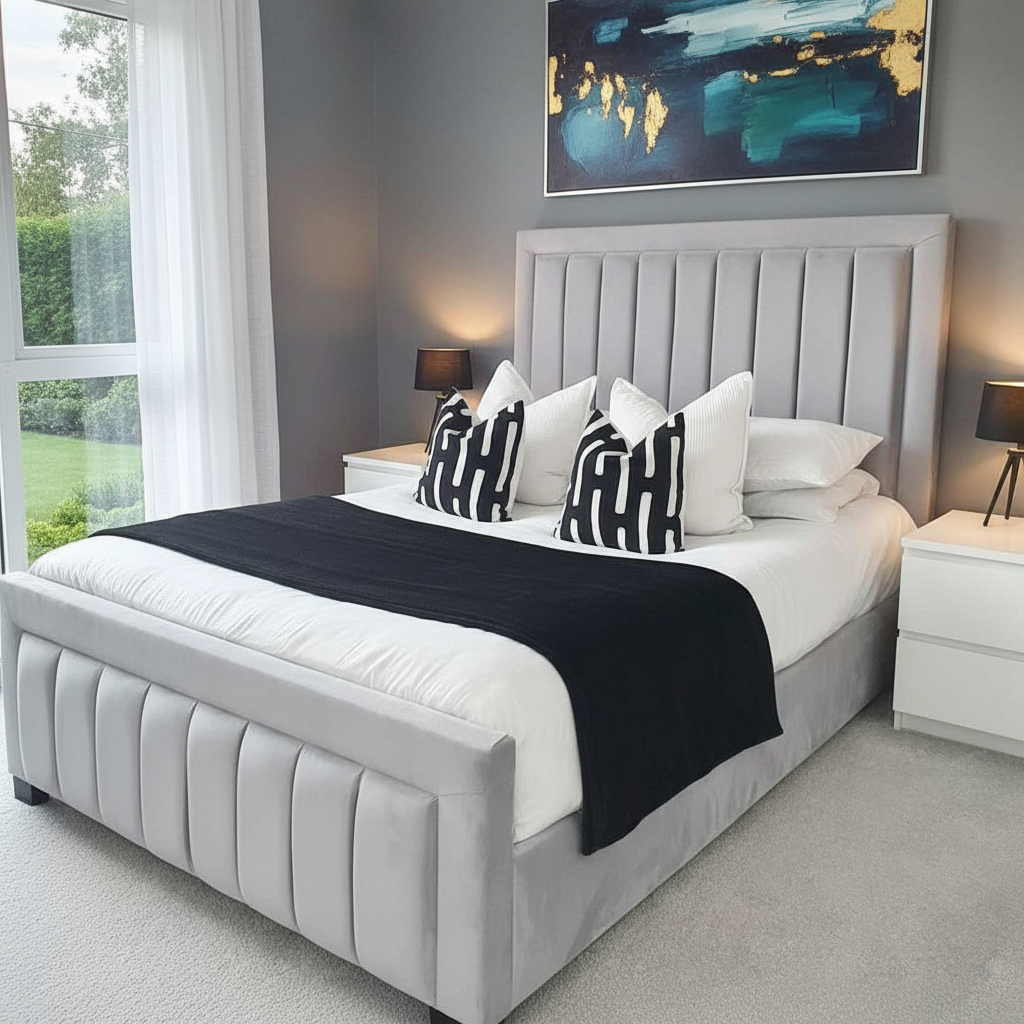 luxury grey panel sleigh bed – vertical headboard