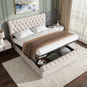 chesterfield ottoman storage bed | end opening gas lift | crystal button tufted | paradise sleep