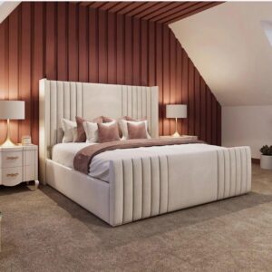 luxe channel panel bed | extra tall winged headboard | fully upholstered | paradise sleep